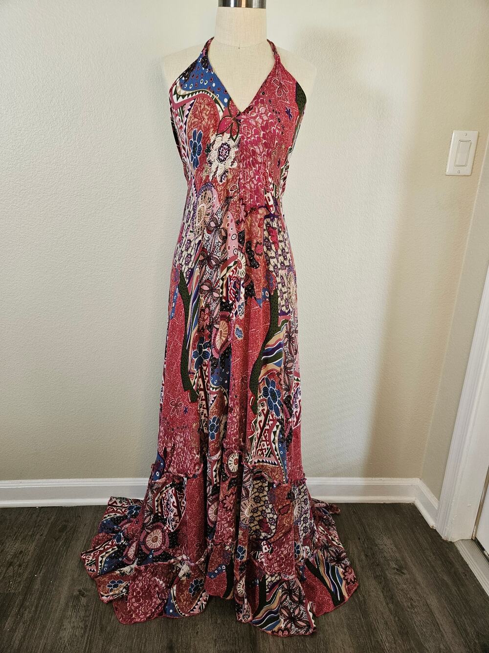 Easel Tiered Tie-Back Patchwork Print Maxi Dress, Size M *READ DESCRIPTION